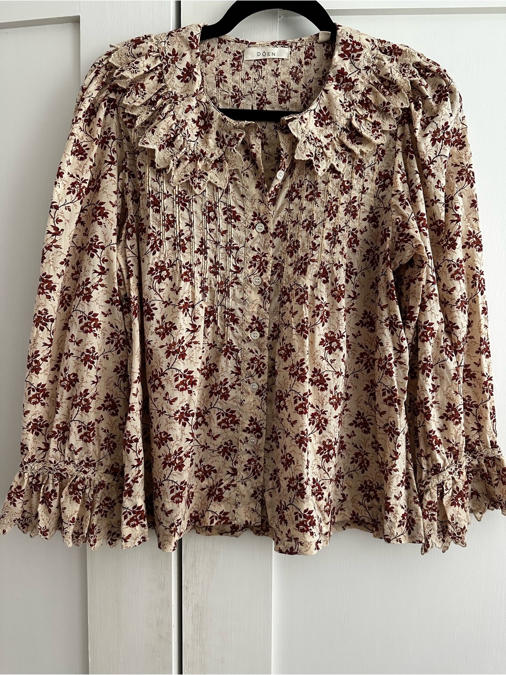 Doen Cream Blouse with Burgundy Floral Print and Ruffle Collar